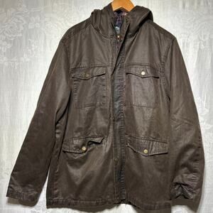 Mountain and Isles Jacket Large Brown Waxed Full Zip Snap Hood Flannel Lined